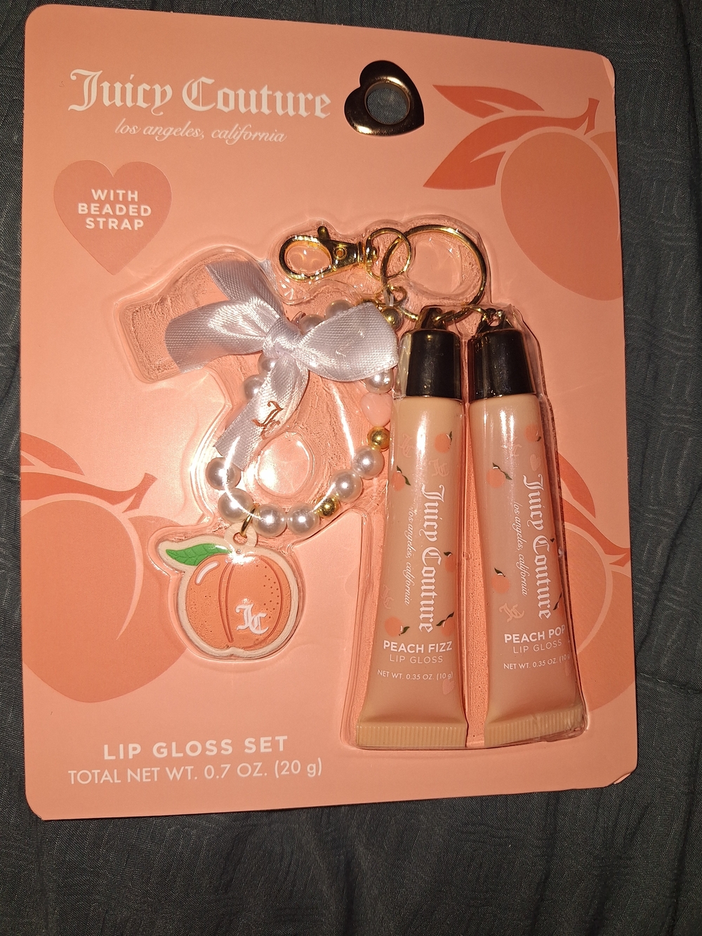 Juicy Couture Peach Lip Gloss Duo with Beaded Charm Keychain